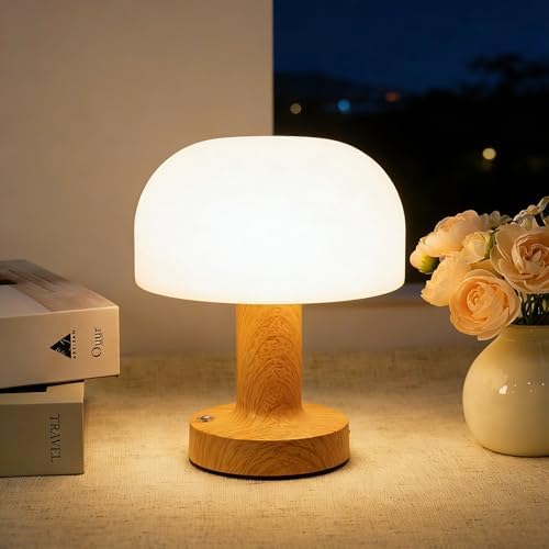 Cordless Rechargeable Mushroom Table Lamp, 3-Color Dimmable