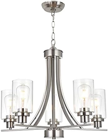 BONLICHT 5-Light Brushed Nickel Chandelier, Clear Glass Shade