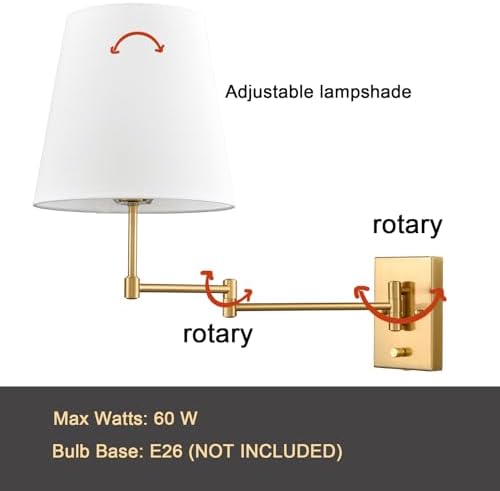 HYDELITE Gold Swing Arm Wall Lamp, Linen Shade