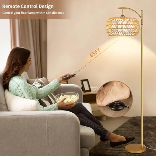 Gold Arc Floor Lamp, Rattan Shade, Remote Control