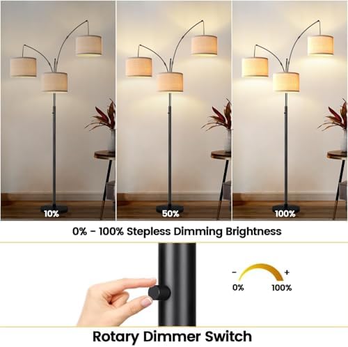 Dimmable 3-Light Floor Lamp, Beige Shades, 3000LM