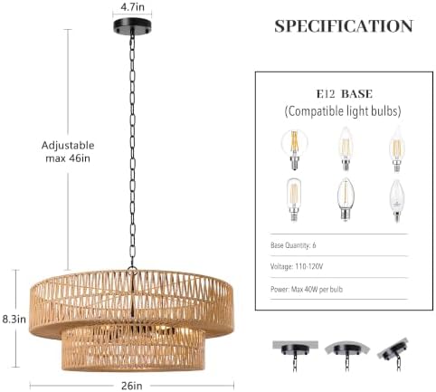 26 Inch Boho Rattan 6-Light Chandelier