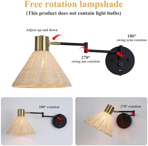 Plug-in Rattan Swing Arm Wall Sconce, Black