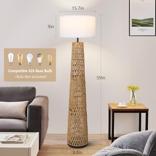 Large Boho Rattan Floor Lamp with Linen Shade