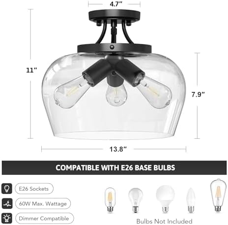 VONLUCE Semi Flush Mount Ceiling Light, Clear Glass Shade
