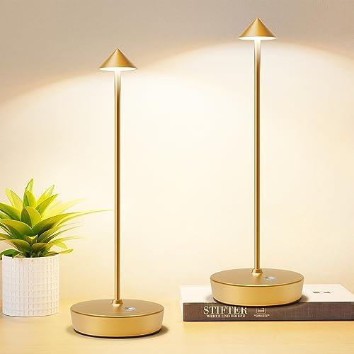 Set of 2 Cordless Rechargeable LED Table Lamps, Gold