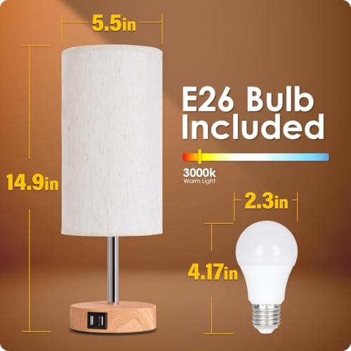 Yarra-Decor Bedside Table Lamp with USB Ports, 3-Way Dimmable