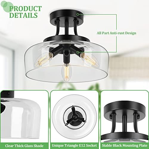 Industrial Semi Flush Mount Ceiling Light, Clear Glass