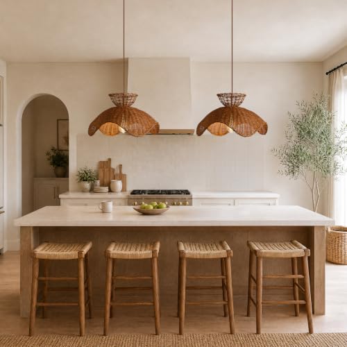 Boho Natural Rattan Pendant Light, 19.7" Scalloped Shade