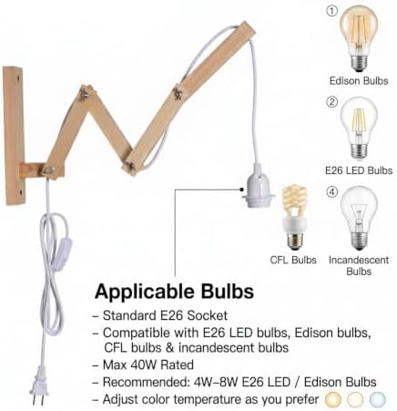 Wooden Swing Arm Plug-in Wall Sconce, White