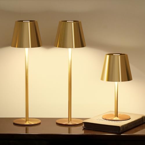 3 Pack Cordless Table Lamps, Brushed Gold