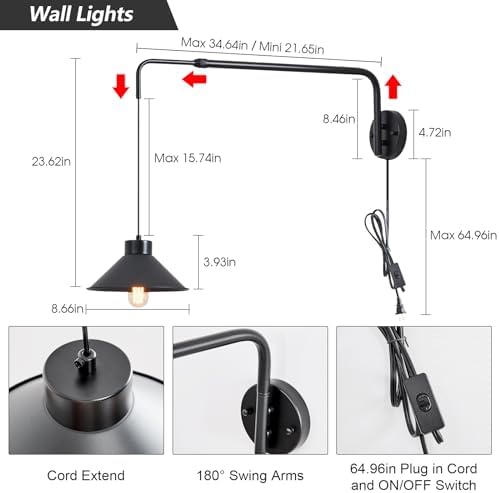 Black Swing Arm Wall Sconce, 34.64" Rod