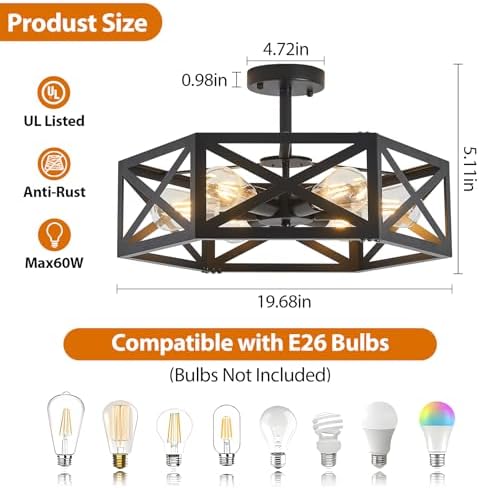 Black Semi Flush Mount Ceiling Light, 19.7"