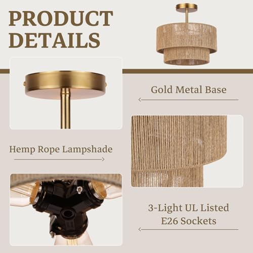 3-Light Rattan Semi Flush Mount Ceiling Light, 12.6''