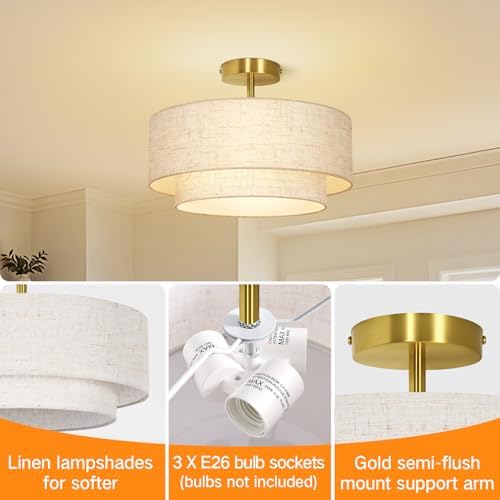 OUTON 16 Inch 3-Light Double Drum Semi Flush Mount Ceiling Light