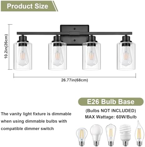 Unicozin 4-Light Black Bathroom Vanity Light with Clear Glass