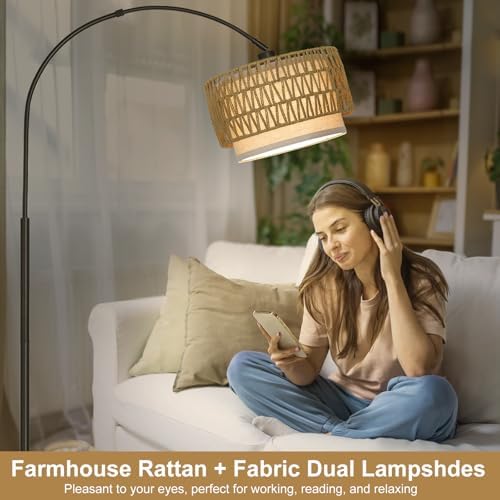 Rattan Arc Floor Lamp with Adjustable Fabric Shade