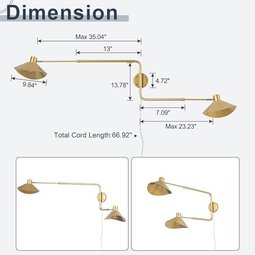 Gold 2-Light Plug-In Swing Arm Wall Sconce