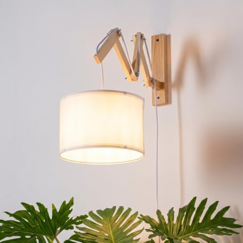 Wooden Swing Arm Plug-in Wall Sconce, White