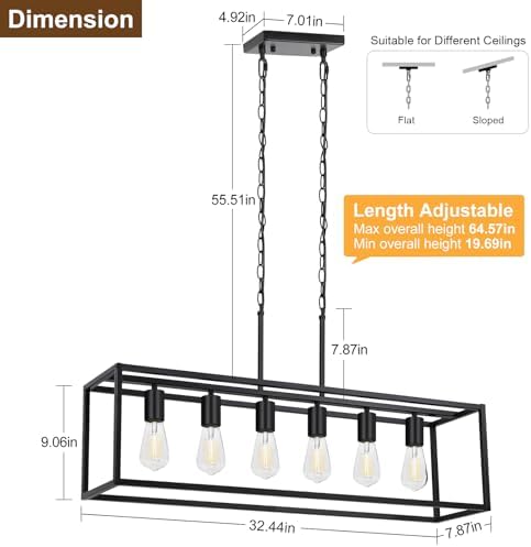 6-Light Black Linear Chandelier, Adjustable Height