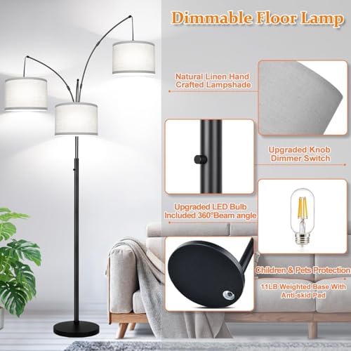 Dimmable 3-Light Black Arc Floor Lamp, Grey Linen Shades