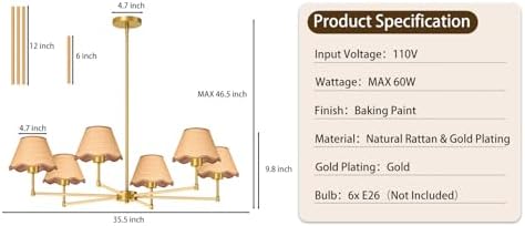 WIHTU 6-Light 36" Rattan Chandelier