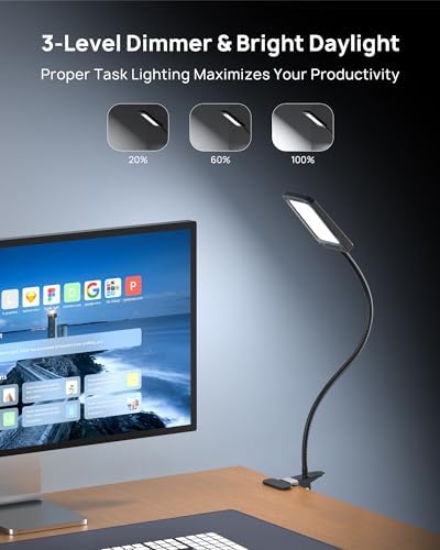 TROND 1000LM LED Clamp Desk Lamp, 3-Level Dimmable