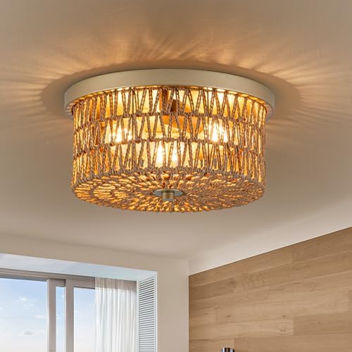 3-Light Rattan Flush Mount Ceiling Light