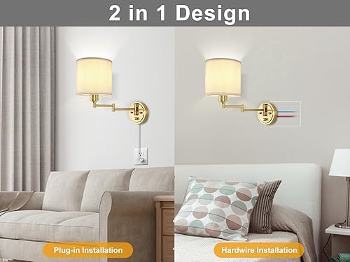 Gold Swing Arm Wall Sconces, Set of Two