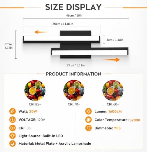 18-Inch Black Dimmable LED Bathroom Vanity Light
