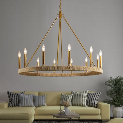 40-Inch 12-Light Rattan Chandelier