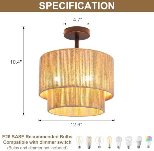 12.6" 3-Light Black Rattan Ceiling Light