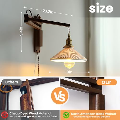 Walnut Plug-in Swing Arm Wall Sconce with Ceramic Shade