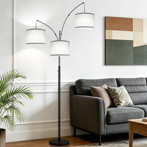 Dimmable 3-Light Black Arc Floor Lamp, Grey Linen Shades