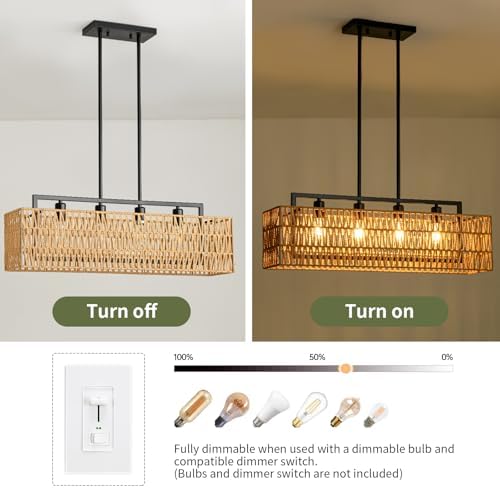 32" Rattan Chandelier, Rectangle Linear Light