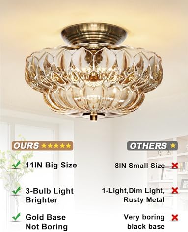 11" 3-Bulb Vintage Gold Semi Flush Mount Ceiling Light