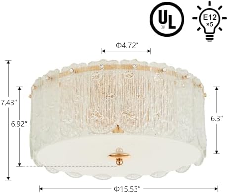15” Textured Glass Semi Flush Mount Ceiling Light, Brass