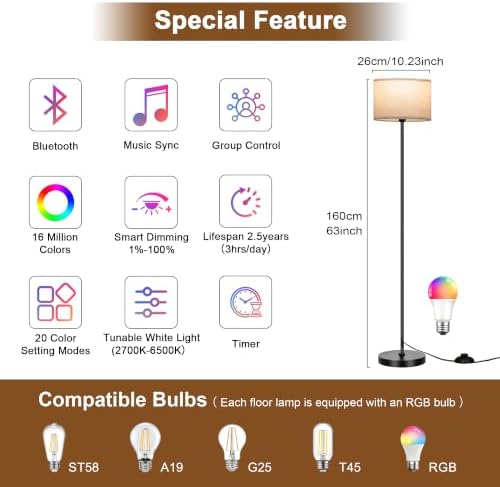 FRIDEKO HOME Floor Lamp, Beige Shade, Color-Changing Bulb