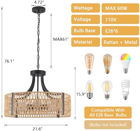 Large Farmhouse Rattan Chandelier, 6-Light