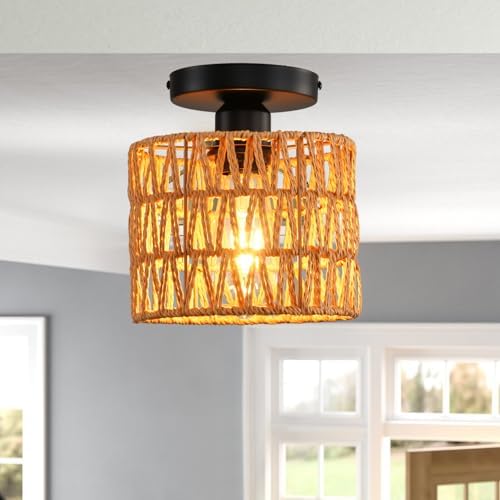 Hand-Woven Rattan Flush Mount Ceiling Light