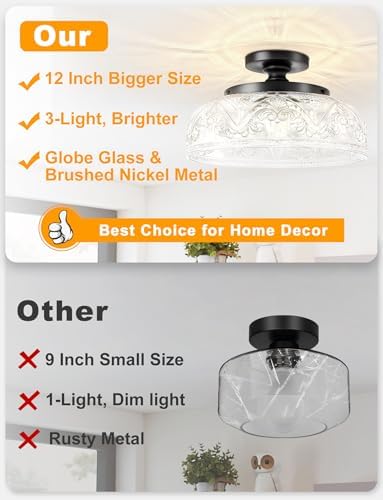 12" Black Vintage Semi Flush Mount Ceiling Light