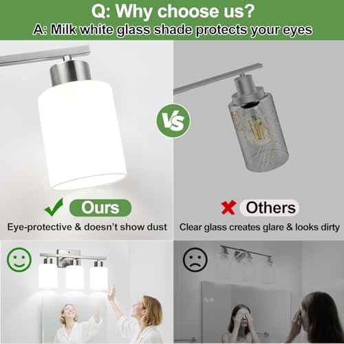 3-Light Brushed Nickel Bathroom Vanity Light with Milk Glass Shades