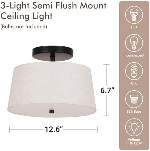 3-Light Semi Flush Mount Ceiling Light, 12.6 Inch