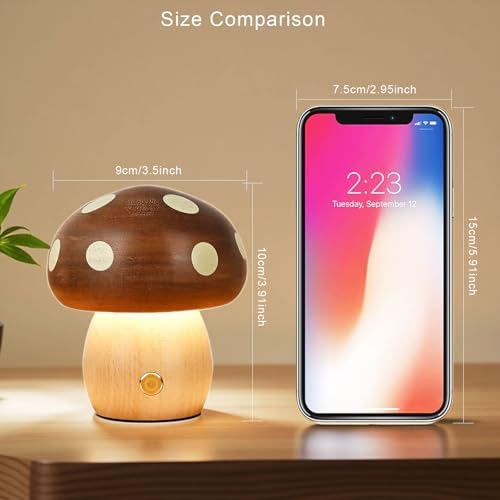 Wood Mushroom Lamp, Rechargeable Small Bedside Lamp