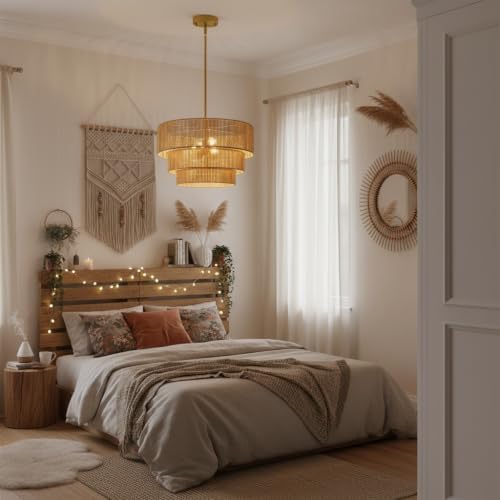 Boho Rattan Chandelier Light,3 Light Hand Woven Pendant Lamp