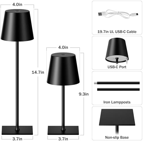 Kakanuo Cordless Rechargeable Table Lamp, Black, 2 Pack