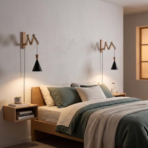 Wooden Scissor Swing Arm Plug-in Wall Sconce, Black