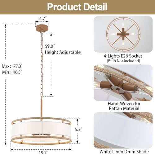 19.7" Gold Rattan Drum Chandelier, 4-Light