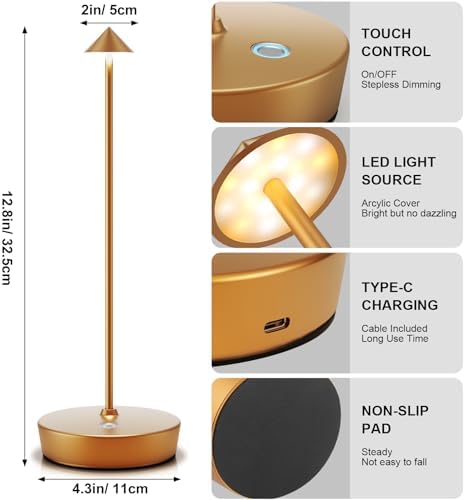 2 Pack Rechargeable Cordless Table Lamps, 6000mAh, Gold