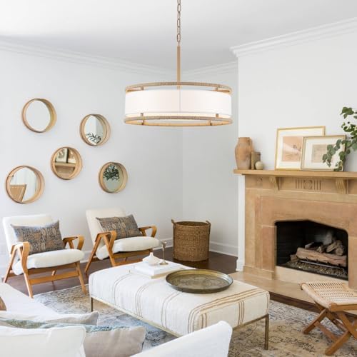 19.7" Gold Rattan Drum Chandelier, 4-Light